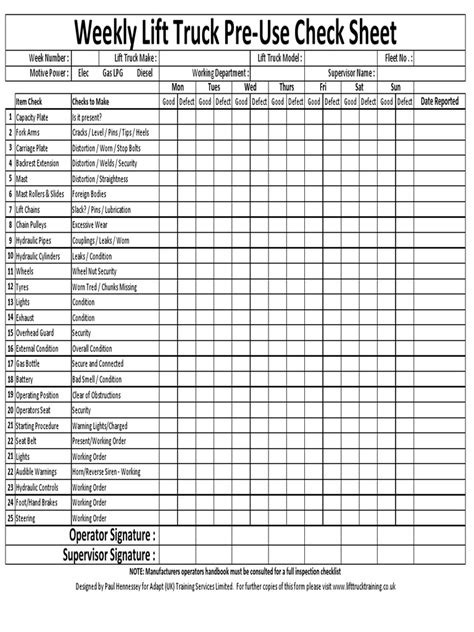 Printable Daily Forklift Inspection Checklist